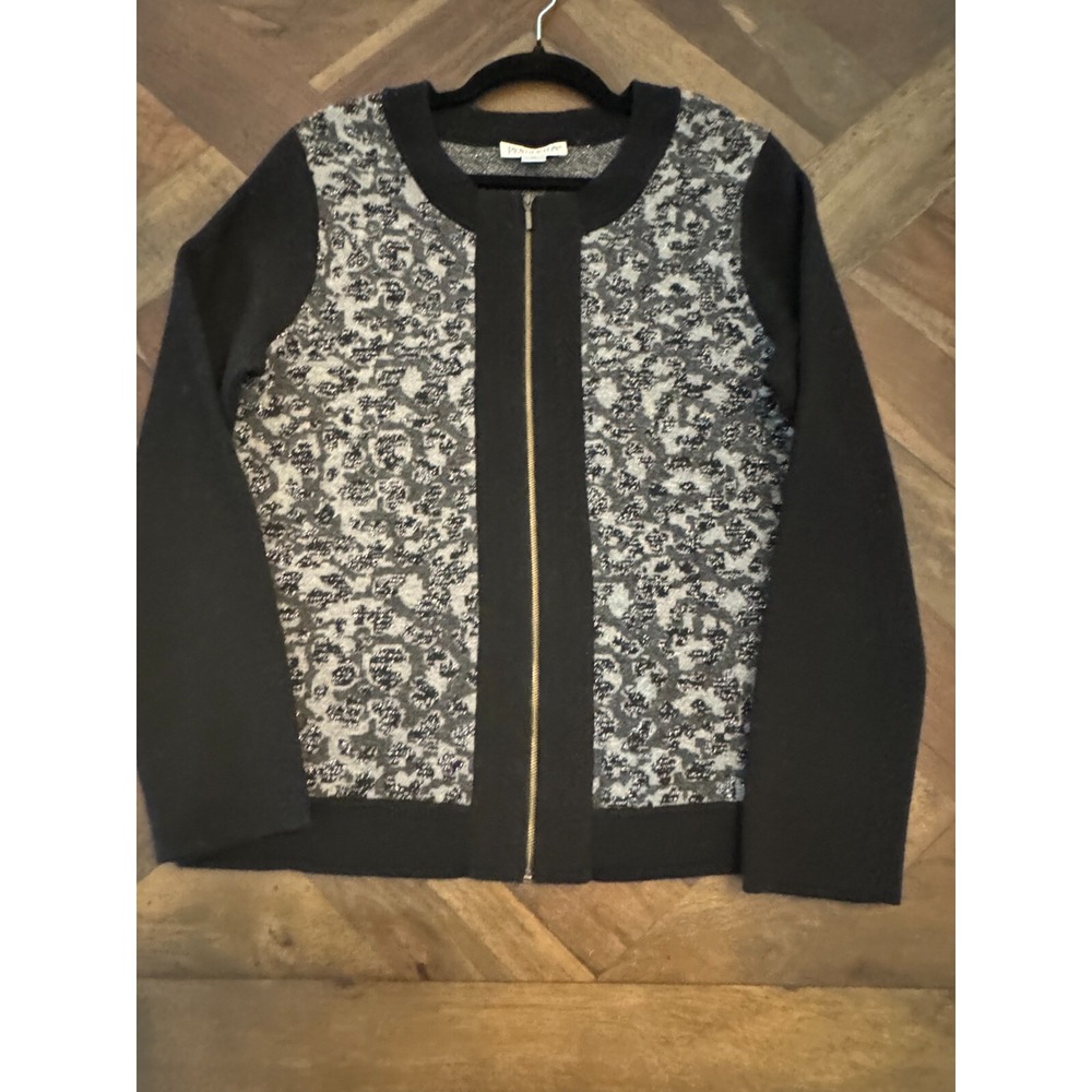 Pendleton Black & Gray Cheetah Zip Cardigan Wool Sweater Size M Shimmer‎